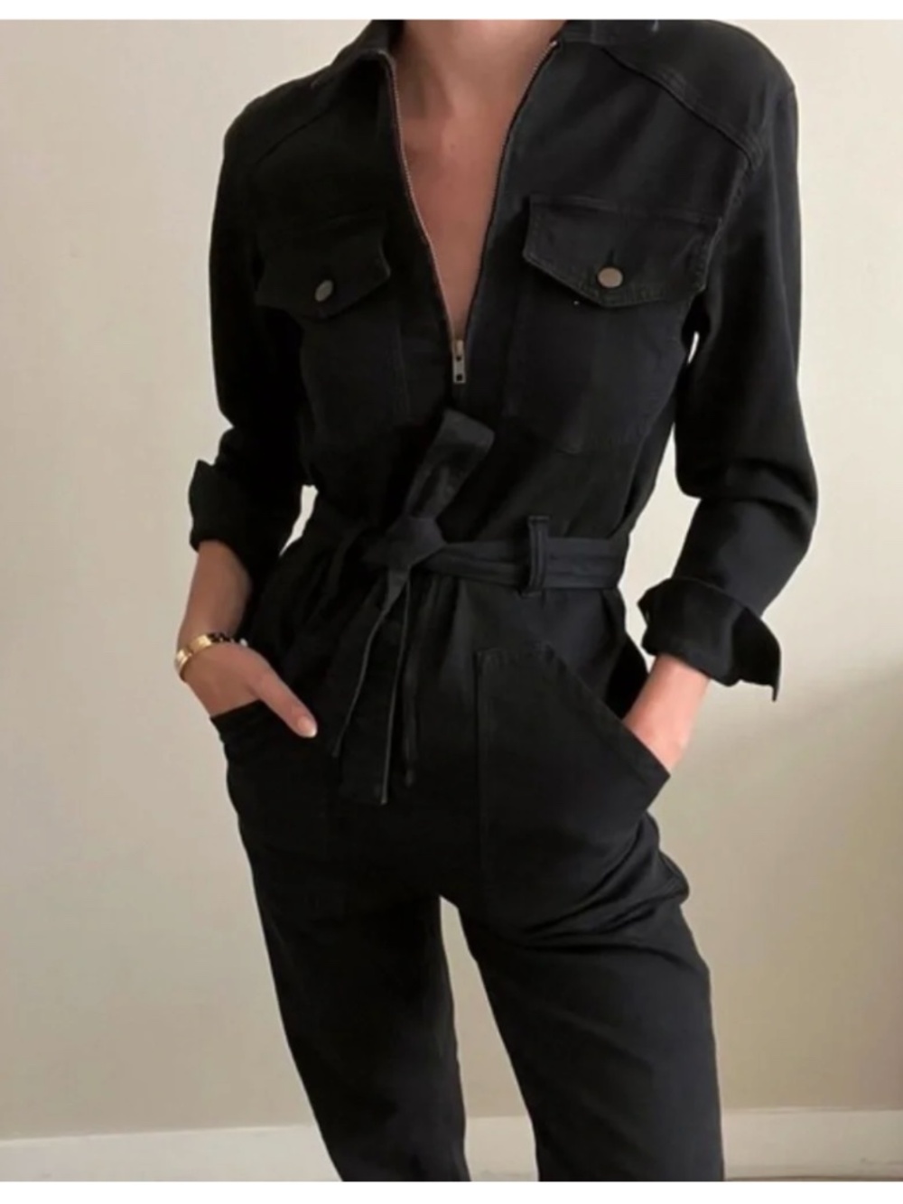 ba&sh Denim Zip Front Jumpsuit w Tie EUC